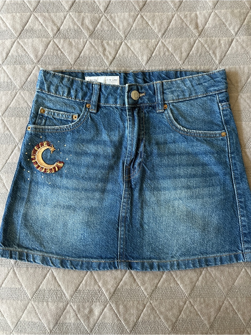 Zara Girls Denim Mini Skirt Celestial Embroidered Moon Size 11-12 Years 152cm
